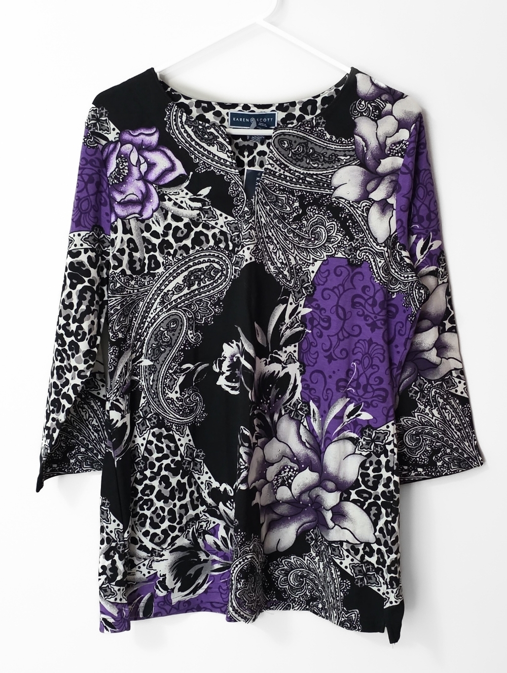 Kendra Scott Black & Purple Floral Paisley 3/4 Sleeve Top Size Large